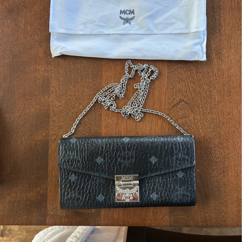 MCM Black Leather Wallet with Silver Chain
